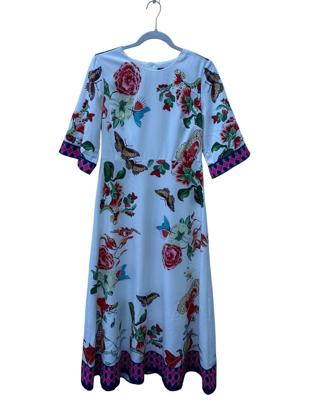 Talbots White Midi Dress with Floral and Butterfly Motif